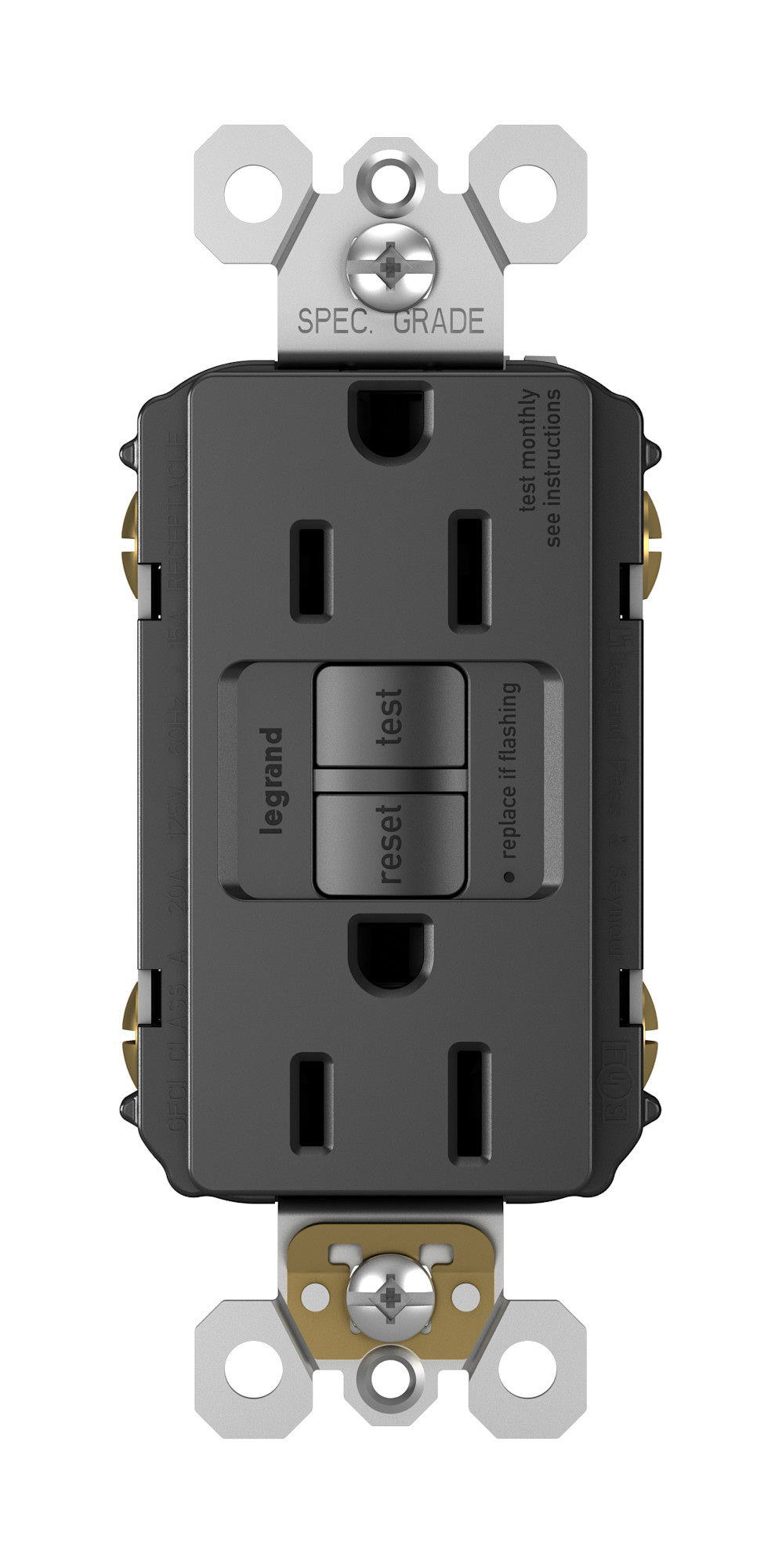 1597BK 15 amp gfci duplex receptacle self testing with 20 amp feed thru capacity side and back wired black qty 1/10